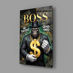 suited gorilla with a gold dollar sign glass wall art angled to show the polished tempered glass panel