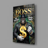 suited gorilla with a gold dollar sign glass wall art angled to show the polished tempered glass panel