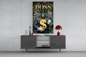suited gorilla with a gold dollar sign glass wall art displayed above a console in a designer interior