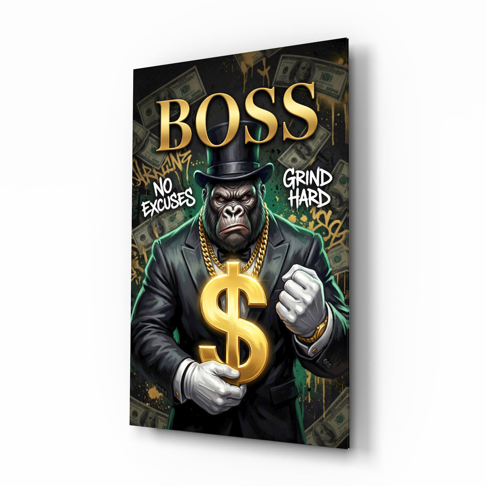 Boss Suited Gorilla Gold Dollar Glass Wall Art - Lifestyle preview in a designer interior