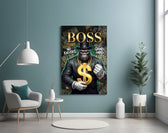 suited gorilla with a gold dollar sign glass wall art styled above an armchair in a reading corner