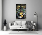 suited gorilla with a gold dollar sign panel bringing character to a minimalist living room wall