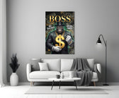 suited gorilla with a gold dollar sign panel bringing character to a minimalist living room wall