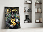 suited gorilla with a gold dollar sign panel resting in a shelving niche in a modern interior