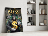 suited gorilla with a gold dollar sign panel resting in a shelving niche in a modern interior