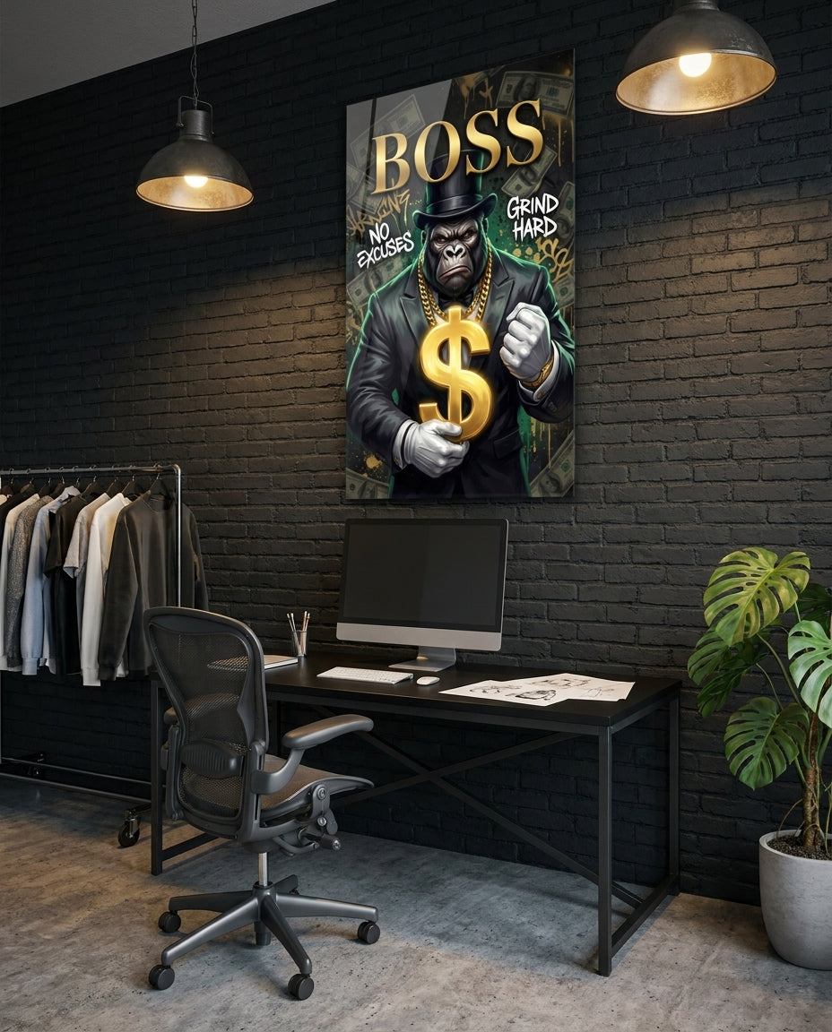 Boss Suited Gorilla Gold Dollar Glass Wall Art