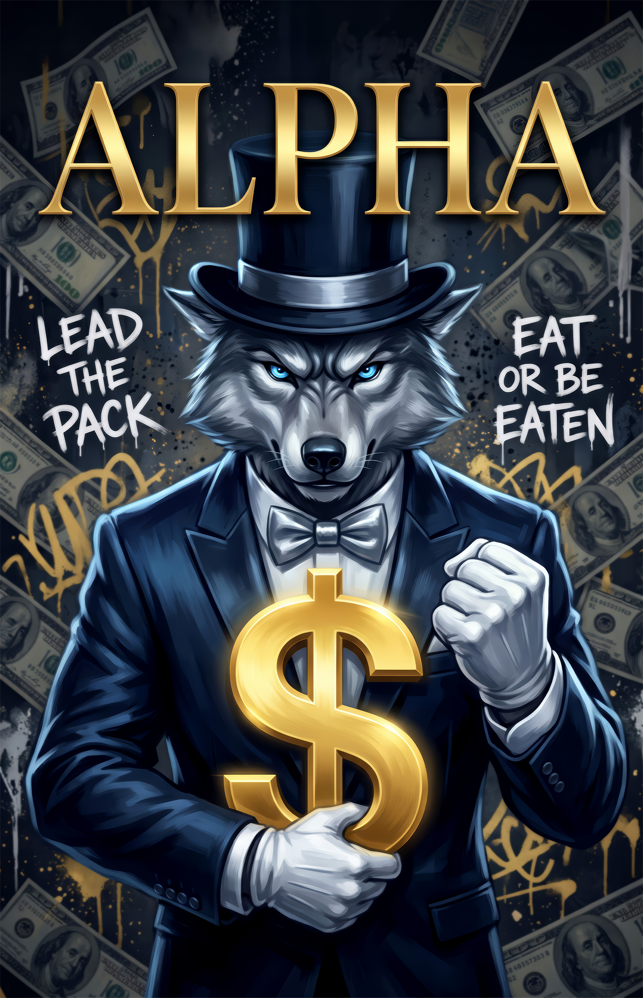 Alpha Suited Wolf Gold Dollar Glass Wall Art