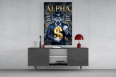 suited blue-eyed wolf with a gold dollar sign glass wall art displayed above a console in a designer interior