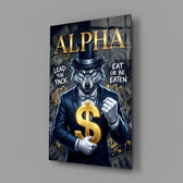 suited blue-eyed wolf with a gold dollar sign glass wall art angled to show the polished tempered glass panel