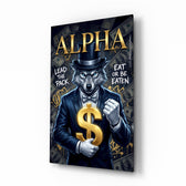 Alpha Suited Wolf Gold Dollar Glass Wall Art - Lifestyle preview in a designer interior