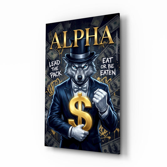 Alpha Suited Wolf Gold Dollar Glass Wall Art - Lifestyle preview in a designer interior