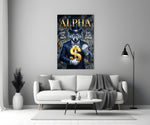 suited blue-eyed wolf with a gold dollar sign panel bringing character to a minimalist living room wall