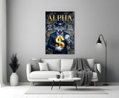 suited blue-eyed wolf with a gold dollar sign panel bringing character to a minimalist living room wall