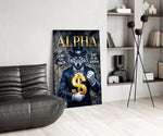 suited blue-eyed wolf with a gold dollar sign glass wall art leaning beside a dark leather sofa