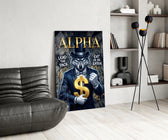 suited blue-eyed wolf with a gold dollar sign glass wall art leaning beside a dark leather sofa