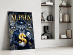suited blue-eyed wolf with a gold dollar sign panel resting in a shelving niche in a modern interior