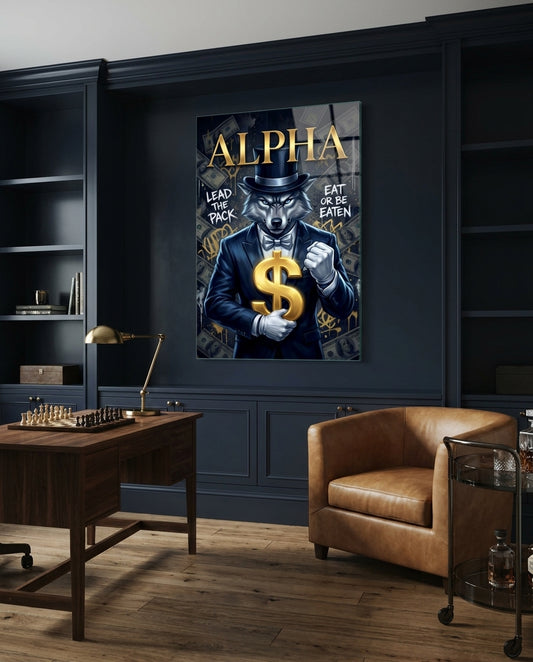 Alpha Suited Wolf Gold Dollar Glass Wall Art