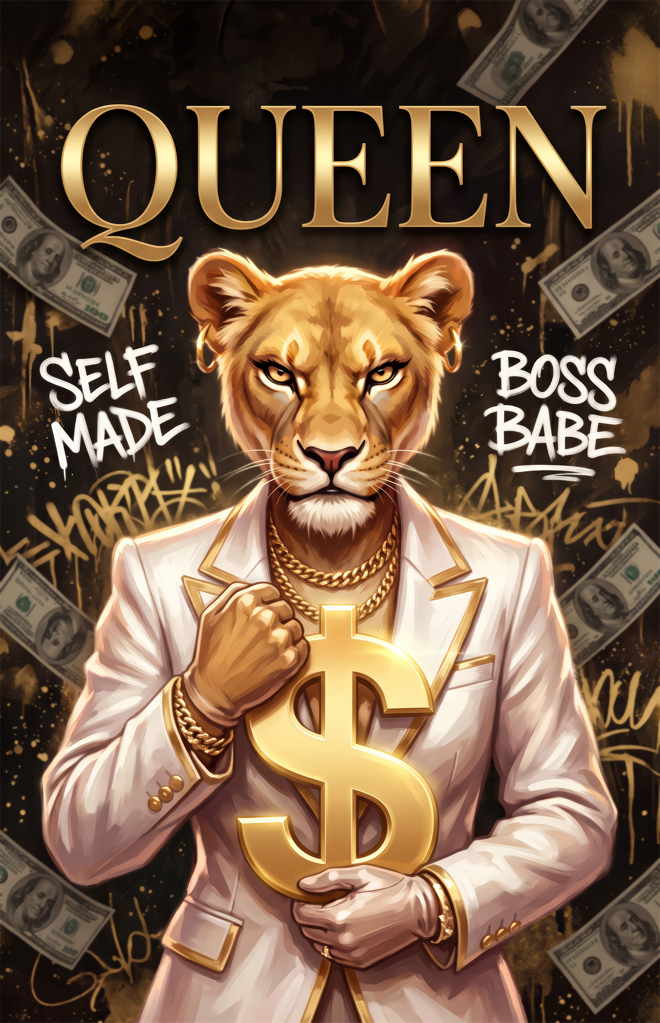 Queen Suited Lioness Gold Dollar Glass Wall Art