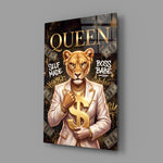 suited lioness with a gold dollar sign glass wall art angled to show the polished tempered glass panel