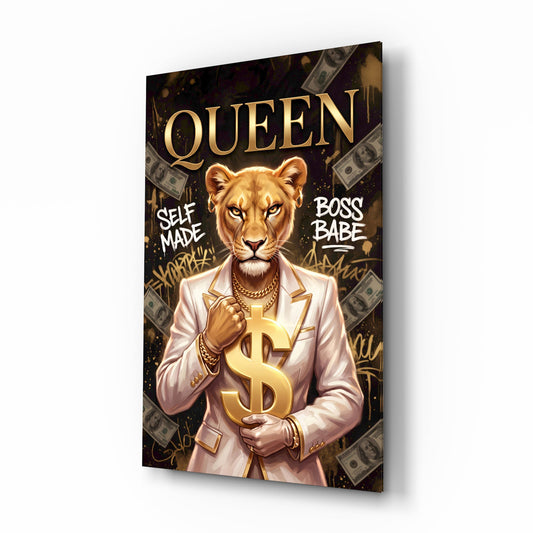 Queen Suited Lioness Gold Dollar Glass Wall Art - Lifestyle preview in a designer interior