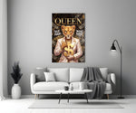 suited lioness with a gold dollar sign panel bringing character to a minimalist living room wall