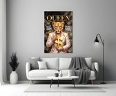 suited lioness with a gold dollar sign panel bringing character to a minimalist living room wall