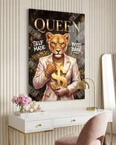 Queen Suited Lioness Gold Dollar Glass Wall Art