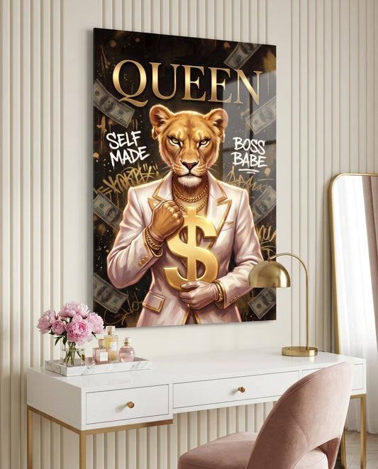 Queen Suited Lioness Gold Dollar Glass Wall Art