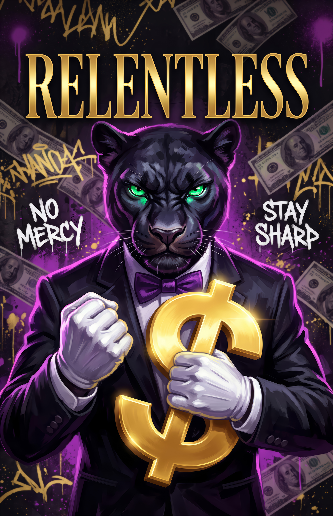 Relentless Suited Panther Gold Dollar Glass Wall Art