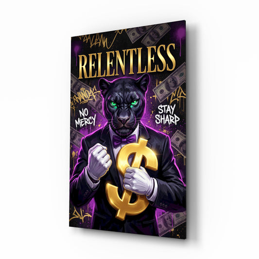 Relentless Suited Panther Gold Dollar Glass Wall Art - Lifestyle preview in a designer interior