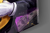Close-up detail of the glowing green eyes and gilded dollar sign on the glass surface