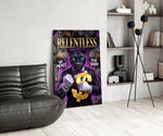 suited green-eyed panther with a gold dollar sign glass wall art leaning beside a dark leather sofa