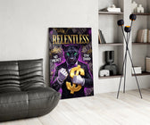 suited green-eyed panther with a gold dollar sign glass wall art leaning beside a dark leather sofa