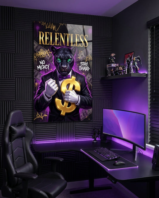 Relentless Suited Panther Gold Dollar Glass Wall Art