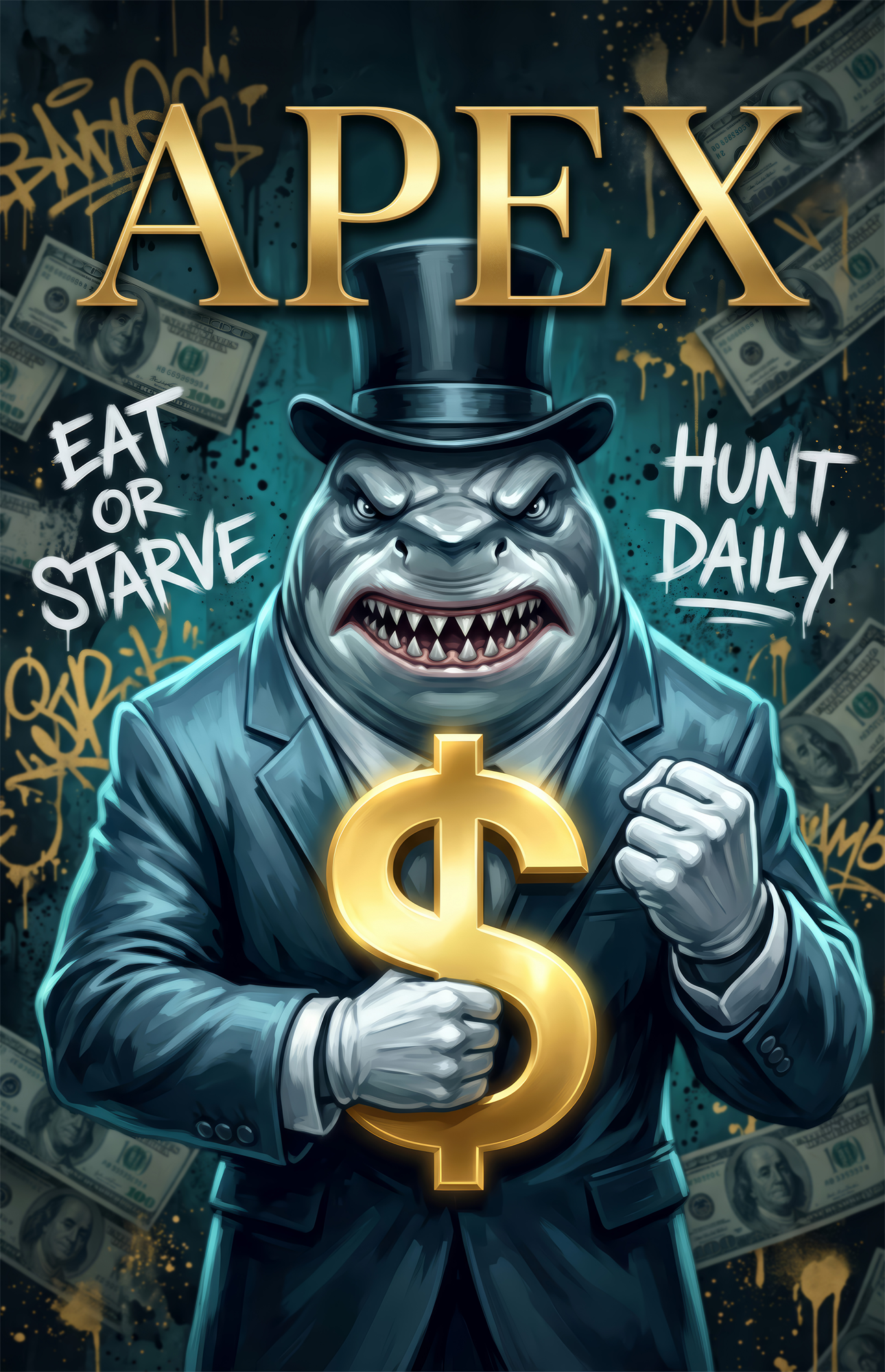 Apex Suited Shark Gold Dollar Glass Wall Art