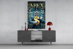 suited shark with a gold dollar sign glass wall art displayed above a console in a designer interior
