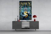 suited shark with a gold dollar sign glass wall art displayed above a console in a designer interior