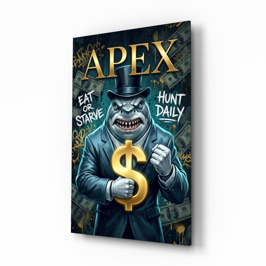 Apex Suited Shark Gold Dollar Glass Wall Art - Lifestyle preview in a designer interior