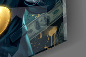 Close-up detail of the bared teeth and gilded dollar sign on the glass surface