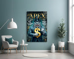 suited shark with a gold dollar sign glass wall art styled above an armchair in a reading corner