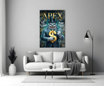 suited shark with a gold dollar sign panel bringing character to a minimalist living room wall