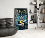 suited shark with a gold dollar sign glass wall art leaning beside a dark leather sofa