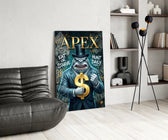 suited shark with a gold dollar sign glass wall art leaning beside a dark leather sofa