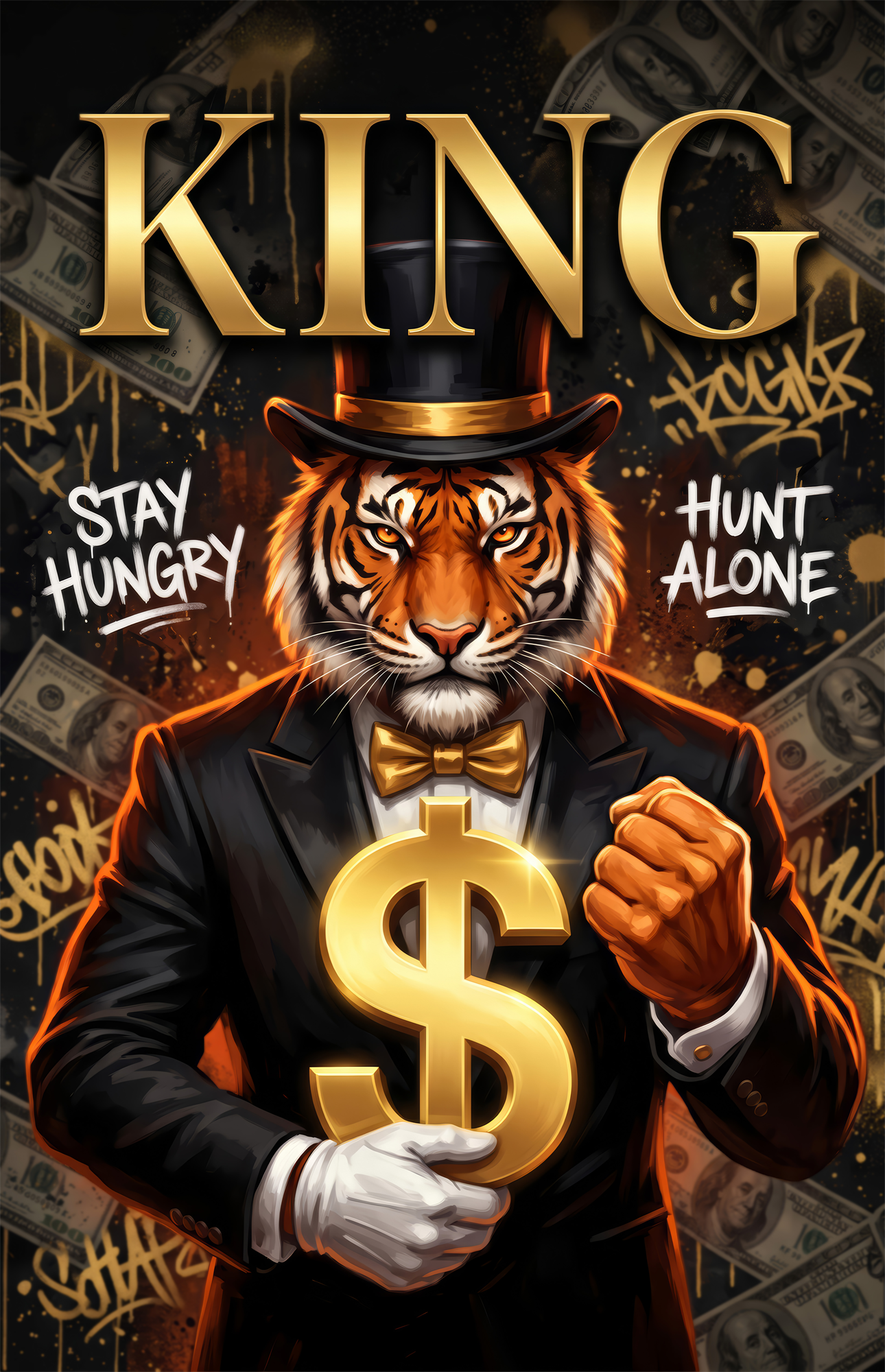 King Suited Tiger Gold Dollar Glass Wall Art