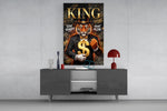suited tiger with a gold dollar sign glass wall art displayed above a console in a designer interior