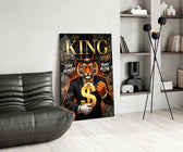 suited tiger with a gold dollar sign glass wall art leaning beside a dark leather sofa