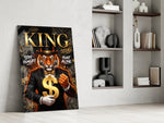 suited tiger with a gold dollar sign panel resting in a shelving niche in a modern interior