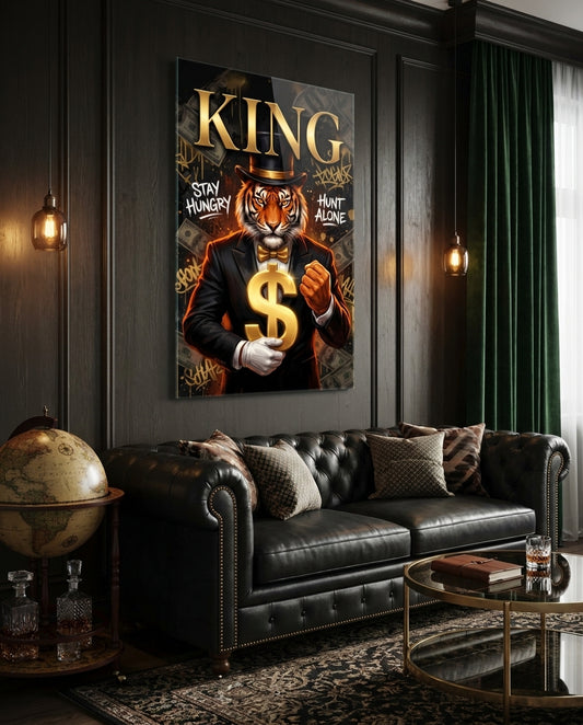 King Suited Tiger Gold Dollar Glass Wall Art