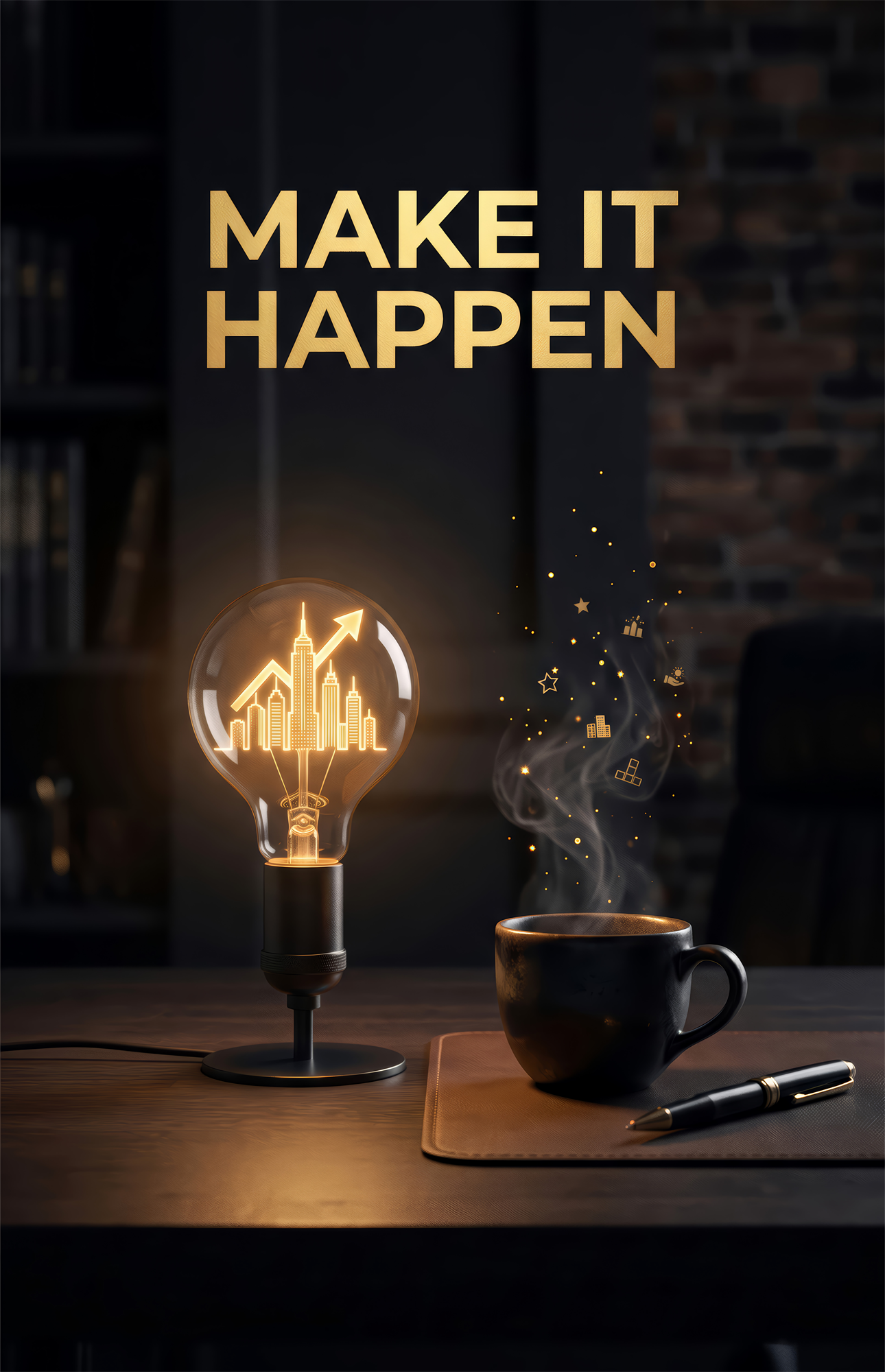 Make It Happen Gold Skyline Bulb Glass Wall Art