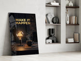 make it happen gold skyline light bulb panel resting in a shelving niche in a modern interior